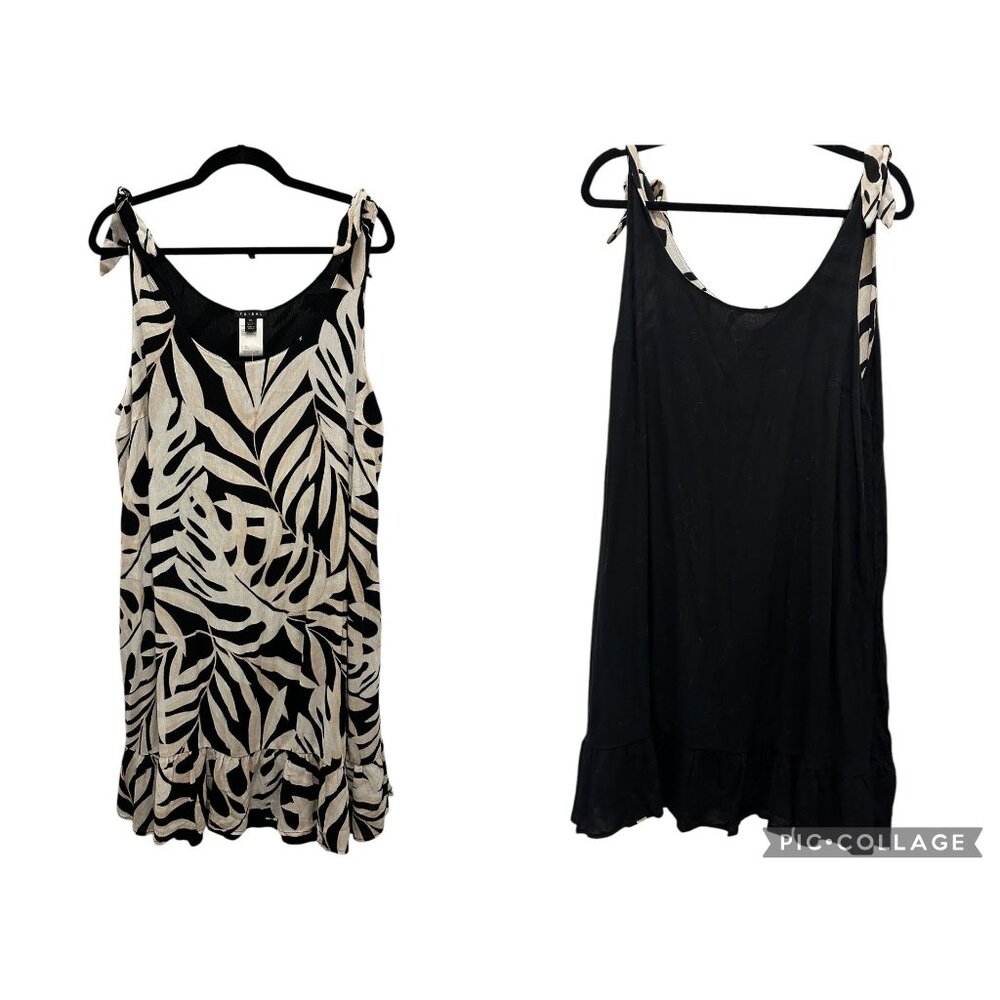 New Reversible Tribal Black & Beige Tropical Print Sleeveless Dress With Ruffle